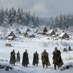 viking village. winter. lake. forest. vikings. highly detailed digital painting by greg rutkowski.