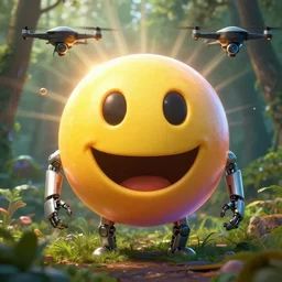 fantastical vibrant bulbous weird smiley face emoji, 😃, with holes for eyes and mouth, in a nature scene, cybernetic symbiosis, high definition, rays of light breaking behind the emoji, drone camera lens orbs, 3 point lighting, highly detailed 😃 character, natural color scheme, photo still from movie by denis villeneuve