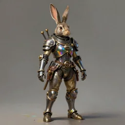 ultra realist soft painting of a single steampunk rabbit warrior, very intricate details, volumetric rainbow lighting, reflections, refractions, symmetry accurate humanoid anatomy features, unreal render