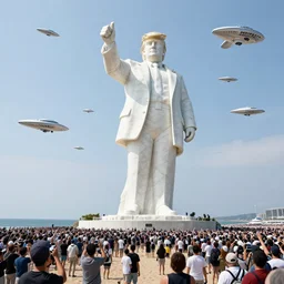 a gigantic 1000 foot tall white marble statue of president Donald trump giving his thumbs up sign, dwarfs thousands of onlookers on a beach, as a fleet of Silver Flying saucers watch from above, cinematic