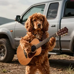 A folkpunk brown floppy-eared hound dog playing the guitar in front of a pickup truck