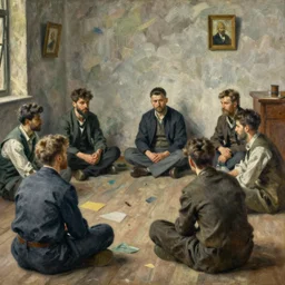 high quality high detail painting by ilya repin, people sitting on the floor around the room, hd
