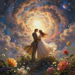 a fine painting of a glorious place where love conquers all, where the heavens open to the great cosmos, where flowers are launched into the unknown 8 k, ultra realistic, lens flare, atmosphere, glow, detailed, intricate, full of colour, cinematic lighting, trending on artstation, 4 k, hyperrealistic, focused, extreme details, unreal engine 5, cinematic, masterpiece