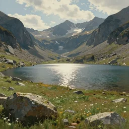 the mountain lake glistening in the sunlight in a meadow between huge rocks, matte painting, trending on artstation, simon stalenhag and thomas cole