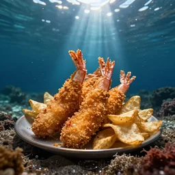 underwater photo of breaded scampi and chips on the seafloor zenith view,