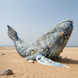 a massive whale carcass made out of porcelain on a desert beach, 8 k hd, very detailed establishing shot, studio lightning, high quality