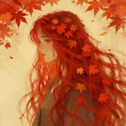 a person with super long hair, hair becoming autumn red leaves, digital painting, art by artgerm and greg rutkowski and alphonse mucha