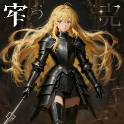 baroque oil painting japanese light novel cover illustration lotr anime key visual full body action shot | young girl black military crusader armoured maid | long flowing blonde hair | symmetrical perfect face fine detail directed gaze | gapmoe kuudere moody lighting stunning bokeh highlights sharp contrast | trending pixiv fanbox | by greg rutkowski makoto shinkai takashi takeuchi studio ghibli