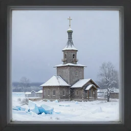 it snows in the old orthodox church. landscape with iceberg through the window frame. painting by church frederic edwin