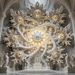 a beautiful 3 d painting of a huge sprawling fractal cathedral interior populated by mandelbrot fractals by android jones, unreal engine, carved stone, carved soap, white color scheme, volumetric lighting, octane render, dramatic lighting, glowing, carved marble, opalescent, sacred geometry, religious, angelic, catholicpunk, stark, trending on artstation