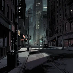 aniamated movie still of street scene in gotham city, noir, black shadows, detailed light shafts, graphic novel, street, trash cans, telephone poles, cables, sidewalk, shop fronts, very atmospheric, depth, high sky scrapers in the background, by ian mcque, by ashley woods, sin city. global illumination, award winning cinematography