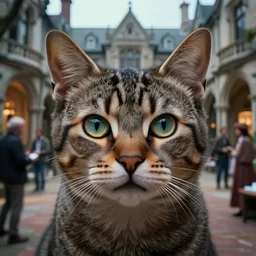 detailed face of an intelligent scholarly cat with kind eyes in a architectonic victorian courtyard at a science expo, atmospheric, ambient, pj crook, syd mead, livia prima, artgerm, greg rutkowski, nick alm, casey baugh