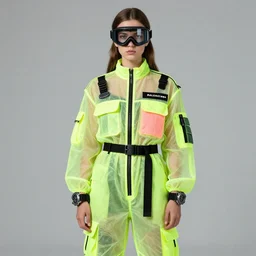 a portrait of a russian girl detailed features wearing a cargo pilot suit neon brights, utility chic, sheer fabrics, zippers, belts & velcro galore, goggles, big techno watches, cargo pants, designed by balenciaga by ray turner