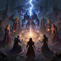mages in circle summoning an evil beast. lighting, flux, demons, octopodes. fantasy, digital painting, hd, highly detailed.
