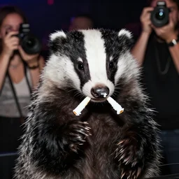 anthropomorphic badger snorting cocaine at exclusive trendy nightclub, candid photo, paparazzi