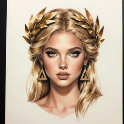 tattoo design sketch of cute blonde super model as aphrodite greek goddess wearing a gold laurel wreath and triangle earrings, beautiful piercing gaze with sharp pupils, in the style of greg rutkowski, fantasy, amazing detail, epic, elegant, smooth, sharp focus, front view