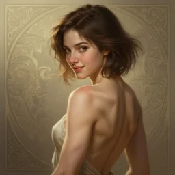 portrait of a young woman, soft features, gentle smile, muscular, half body, cloth, short brown hair, back light, d & d, fantasy, intricate, highly detailed, digital painting, artstation, concept art, smooth, sharp focus, illustration, art by artgerm and greg rutkowski and alphonse mucha