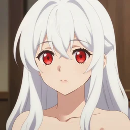 high quality anime visual of a cute girl, with red eyes and long white hair in her room interior, by makoto shinkai, crunchyroll, pixiv, danbooru, hd, detailed anime face, cel shaded, smoothed lip line, digital art, ambient lighting