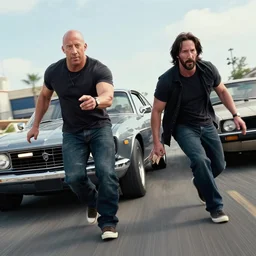 film still of Vin Diesel as Domenic Toreto and Keanu Reeves as Brian O’Conner in a high speed chase in Fast and the Furious
