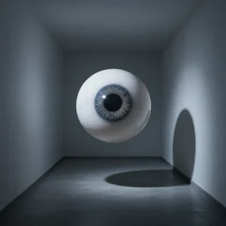 a photo of a floating eyeball in an empty hallway with no windows and a shadow figure
