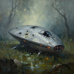 a beautiful painting of a crashed alien space ship in a swamp, ray traced lighting by kalin popov and greg rutkowski