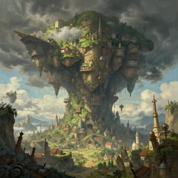steampunk huge cave ceiling clouds made of green earth towns, industry, steampunk villages castles, buildings inverted upsidedown mountain artstation illustration sharp focus sunlit vista painted by ruan jia raymond swanland lawrence alma tadema zdzislaw beksinski norman rockwell tom lovell alex malveda greg staples