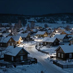 town inspired by Evgeny Lushpin,winter,night time,cottages,cinematic,art station