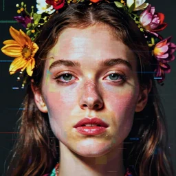 a glitchy face with flowers in a screen. By jenny saville