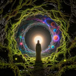 high moss inside hollow earth jewelry mine full colored, god and the shining light of love, looping wormhole teleport, quantum physics cell, nucleus, fireflies, hight contrast, void, 8 k resolution, unreal engine 5, hyper - detailed, morning mood by beeple, justin gerard