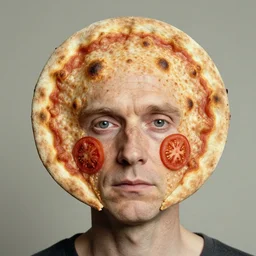 portrait of man with facial deformity making the head a flat and circular disc, looking like a pizza, uneven skin with baked crust appearance, large freckles like burnt spots, cheeks look like tomato slices, muted colors, soft lighting, sharp focus, neutral background, masterpiece, photo by jimmy nelson, giger, cindy sherman
