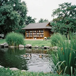 a small pond with ducks behind a library, nature preservation area, small town library, 35mm photography
