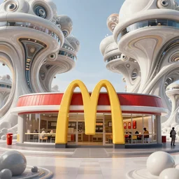 a futuristic mcdonalds restaurant, fantasy landscape made of fractals facing each other, ultra realistic, wide angle, intricate details, the fifth element artifacts, highly detailed by peter mohrbacher, hajime sorayama, wayne barlowe, boris vallejo, aaron horkey, gaston bussiere, craig mullins