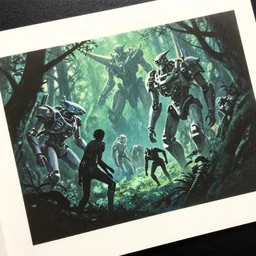 a close - up grainy risograph, painting of a scene from horizon zero dawn + hyper light drigter, machine monsters, mechas, dense forest, by moebius and kim jung gi and satoshi kon