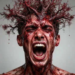 photo of generic human face becoming part blood tree screaming in pain