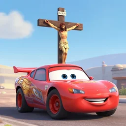 car jesus christ on the cross crucifixion as a car, as a car from the movie pixar's cars 2,
