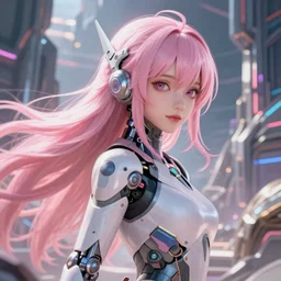 beautiful portrait of a sci woman with mecha implants with pink pastel flowy long hair facing the camera in the style of a code vein character, momo from twice in code vein in the style of wlop, artgerm, yasutomo oka, yuumei, rendered in unreal engine and redshift octane, background is surrounded by epic sci fi landscape by simon stalenhag, digital art dynamic dramatic lighting, soft lighting, imagine fx, artstation, cgsociety, by bandai namco artist,