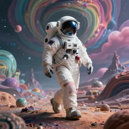 a futuristic detailed astronaut walking on an alien psychedelic planet with strange colorful clouds and distant mountains, 8 k
