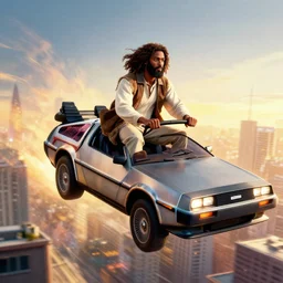 3 d vfx - movie poster - art of an african jesus jesus riding in a flying delorean over the city, back 2 the future, art style by drew struzan, joseph christian leyendecker & ernie barnes, unreal engine render, digital illustration, sharp, intricate detail, volumetric light, ray tracing, golden hour, pinterest, artstation, behance