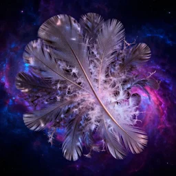an highly detailed irregular warped fractal of feathers by Chad Knight, background of outer space neon nebulas by Pilar Gogar, 8k hdr octane render