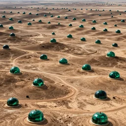 majestic sprawling parched rolling plains covered with numerous small domes made of emeralds by francisco goya unsettling, mysterious, by stephan martiniere and alexander fedosav, hyperrealism, 8 k resolution, behance hd, artstation, nightcafe