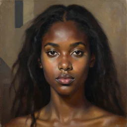 detailed portrait in femininity, realistic face sculpted features, ethnic, exotic, arabic, african, melanin, deep clear eyes, statuesque, warm glowing skin, wild hair, chiaroscuro, tangible, angular impressionism, mocha, ambient, arabesque backdrop, contemporary, modern fashion, natural colors, oil on canvas