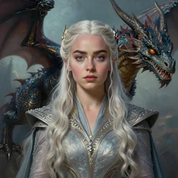 a painting of daenerys targaryen in fantastic dress next to a dragon, medium shot, clear face, detailed face, symmetrical face, face enhancement, butterfly lighting, by jaime jones, tom bagshaw, lawrence alma - tadema, greg rutkowski, deviantart contest winner, fantasy art, intricate, elegant, highly detailed, 8 k, digital painting, concept art, sharp focus, illustration, golden ratio, mythological, ultra realistic, maximalist