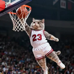 cat in a jersey dunking a basketball like michael jordan, shot from below, tilted frame, 3 5 °, dutch angle, extreme long shot, high detail, dramatic backlighting, epic, digital art