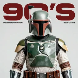 boba fett in miner suit, 9 0's studio photo. magazine cover with text.