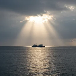 god rays illuminating a boat in a calm ocean, reflexive water, cloudy sky, award winning, 1 2 0 0 mm, detailed