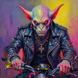 portrait of an demonic orc goblin biker character, cool pose, psychedelic vibrant colors, futuristic punk rock fashion, oil painting by michael whelan art, sharp focus, realistic, detailed eyes, studded leather jacket