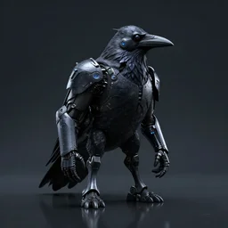 crow in cyber armour, ( portrait ), digital art, studio, realistic reflections, ominous lighting, octane render