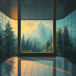 a futuristic minimalistic tiled room with a view of a magical forest, tim hildebrandt, wayne barlowe, bruce pennington, donato giancola, trending on artstation, cinematic composition, beautiful lighting, hyper detailed, 8 k, oil on canvas