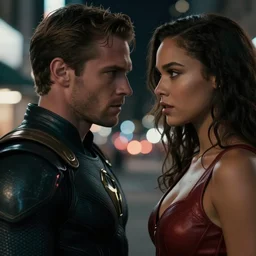 movie powerful hero interracial couple closeup, DC Marvel fashion, VFX powers at night in the city, city street, beautiful skin, natural lighting by Emmanuel Lubezki