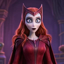 scarlet witch in the art style of corpse bride, pixar, unreal engine render, soft radiant highlight, detailed background, digital art